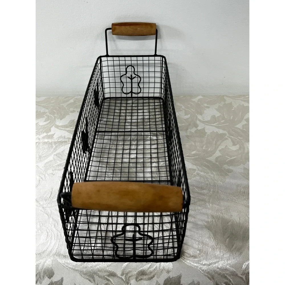 Rectangular Wire Rooster Basket Farmhouse Metal Storage Wood Handles 19x5.5 in